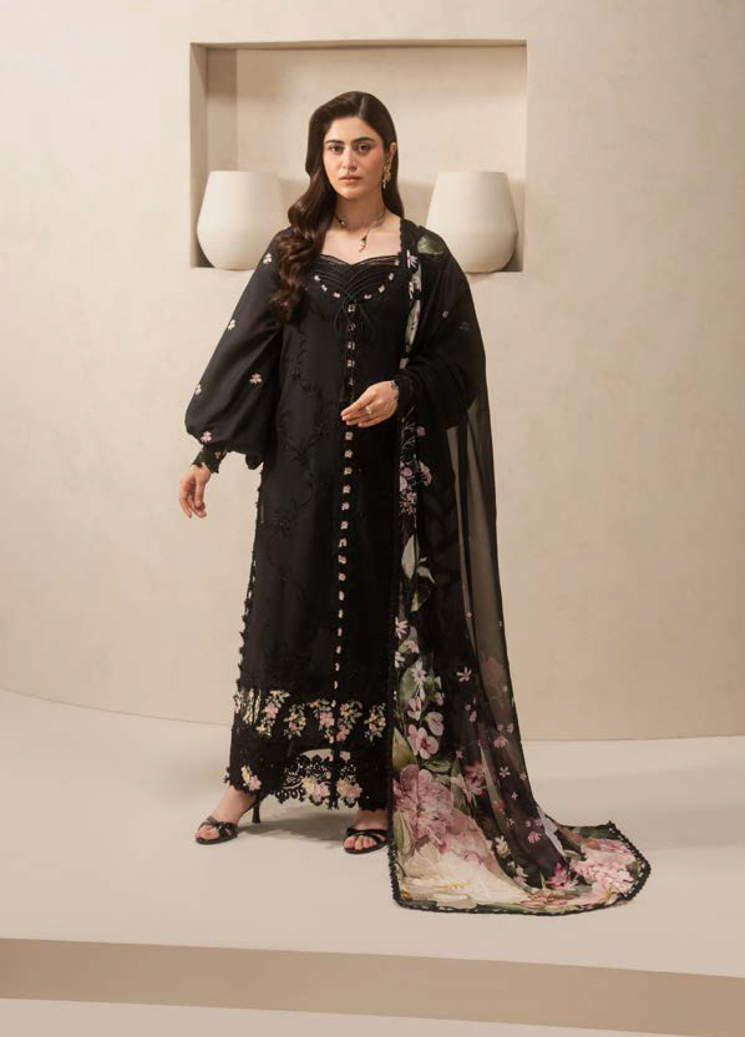 E-Craft by Elaf Unstitched Printed Lawn 3 Piece Suit EHC-5A Charcoal - Casual Collection