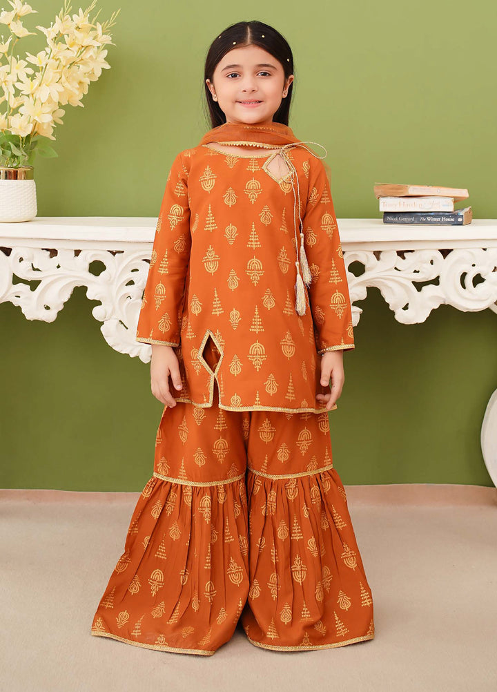 Modest Girls Pret Printed 3 Piece Linen Mustard Gharara D-17 - Festive Collection