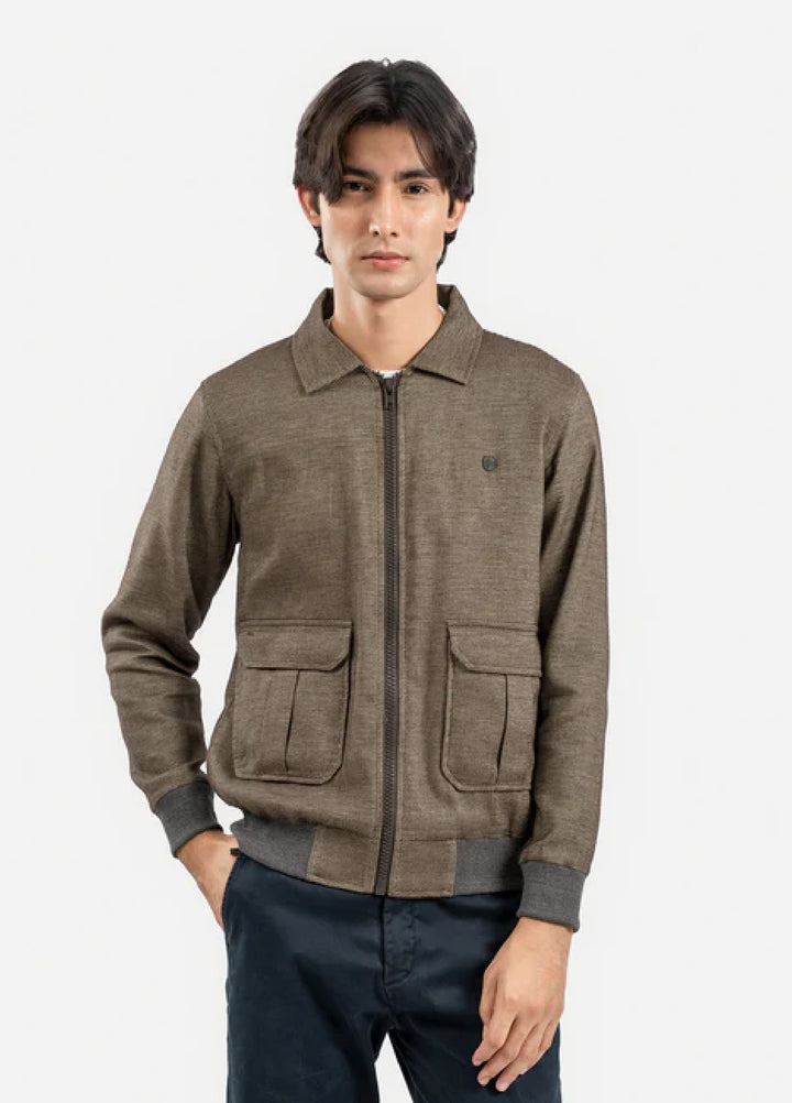 Brumano Ready To Wear Solids Cotton 1 Piece Men Brown Casual Collar Jacket With Cargo Pocket 0-11-025-5036 - Winter Collection