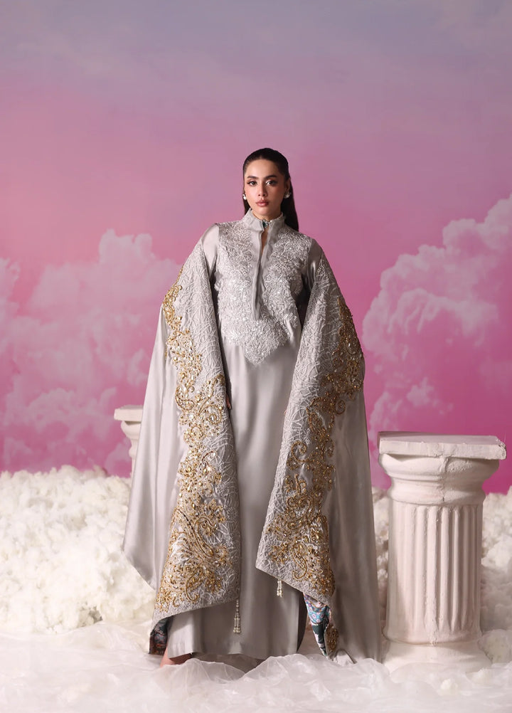 Mount Olypus by Musferah Saad Pret Embroidered Tissue Silk 3 Piece Lunar Mist - Festive Collection