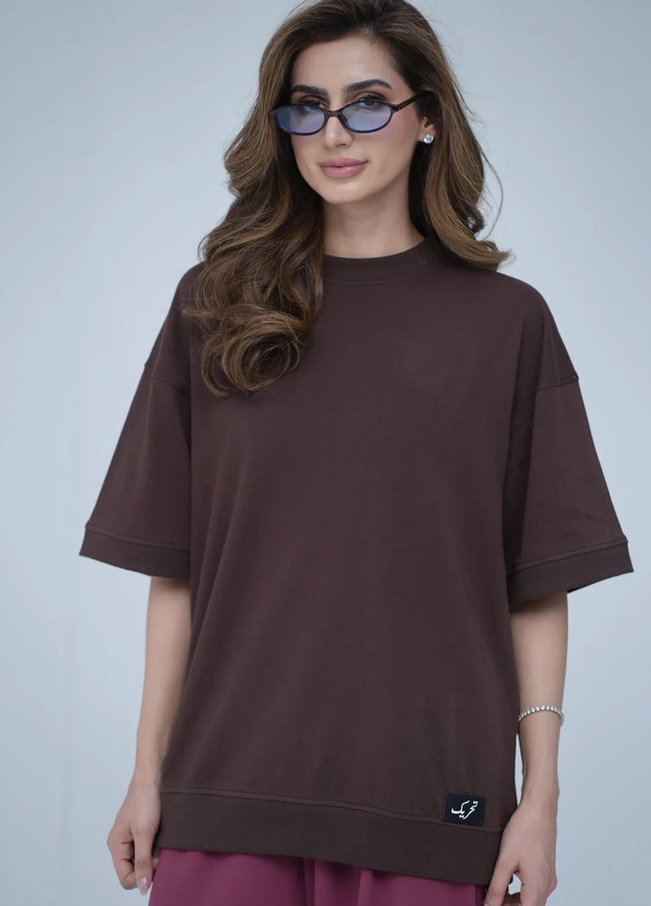 Movement Unisex Western 1 Piece Printed Cotton Tehreek Classic Oversized Tee Brown - Winter Collection