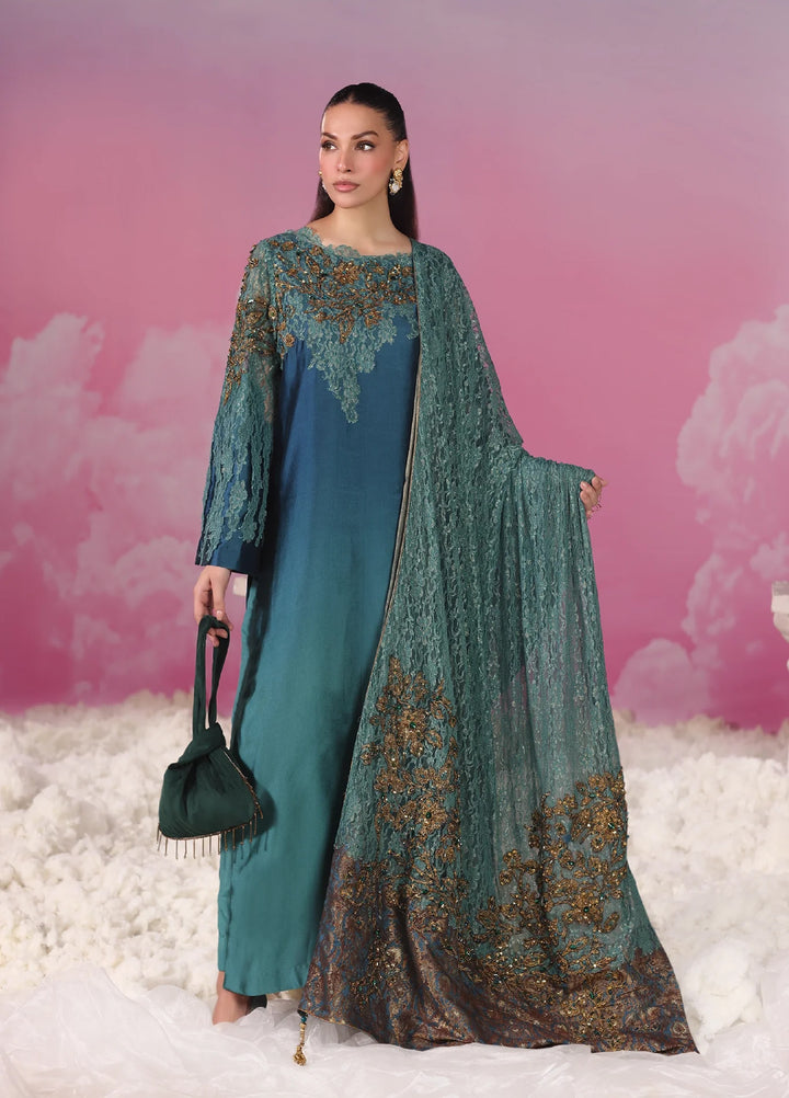 Mount Olypus by Musferah Saad Pret Embroidered Tissue Silk 3 Piece Emerald Oracle - Festive Collection