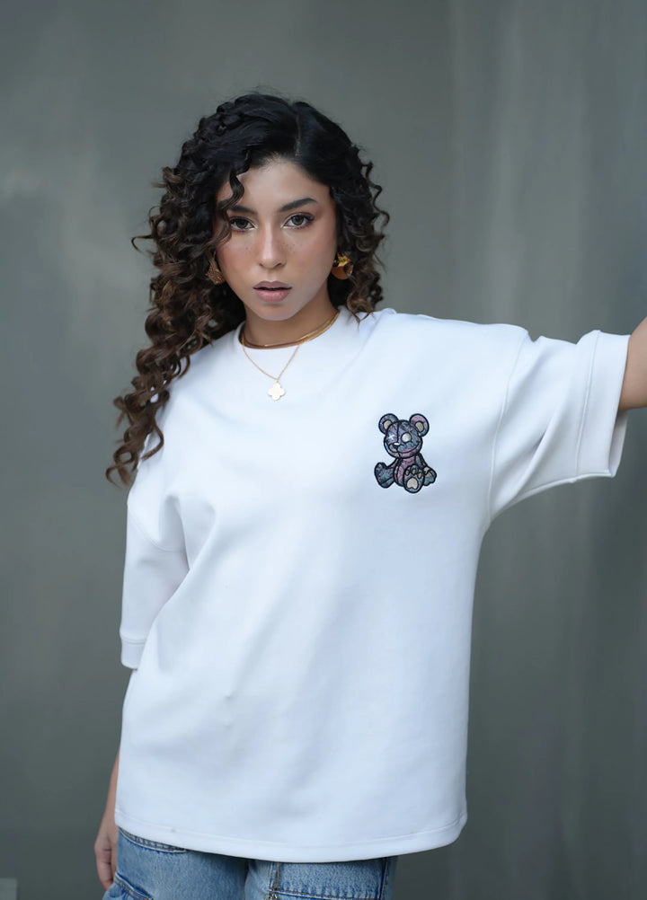 Movement Unisex Western 1 Piece Printed Cotton Tehreek Teddy Tee white - Winter Collection