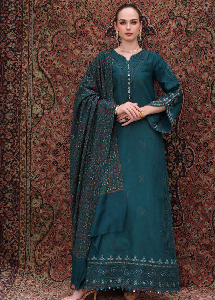 Noor by Saadia Asad Unstitched Khaddar Pashmina Shawl Embroidered Suits 3 Piece NSA25PW D11-Teal Empress - Winter Collection