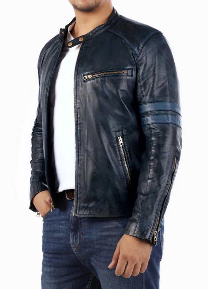 Cafe Racer Genuine Lambskin Leather Jacket-Blue