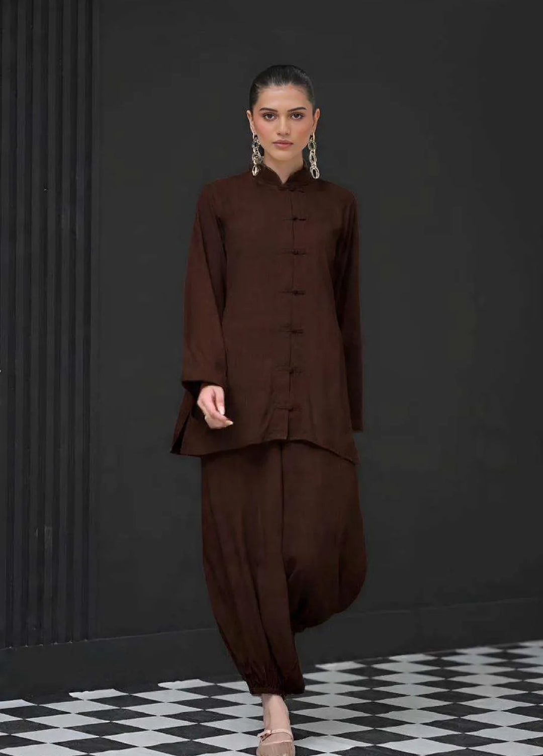 Minor Defect by Ayesha Somaya RTW Solids Irish Linen 2 Piece Suit Brown Mandarin Casual Collection