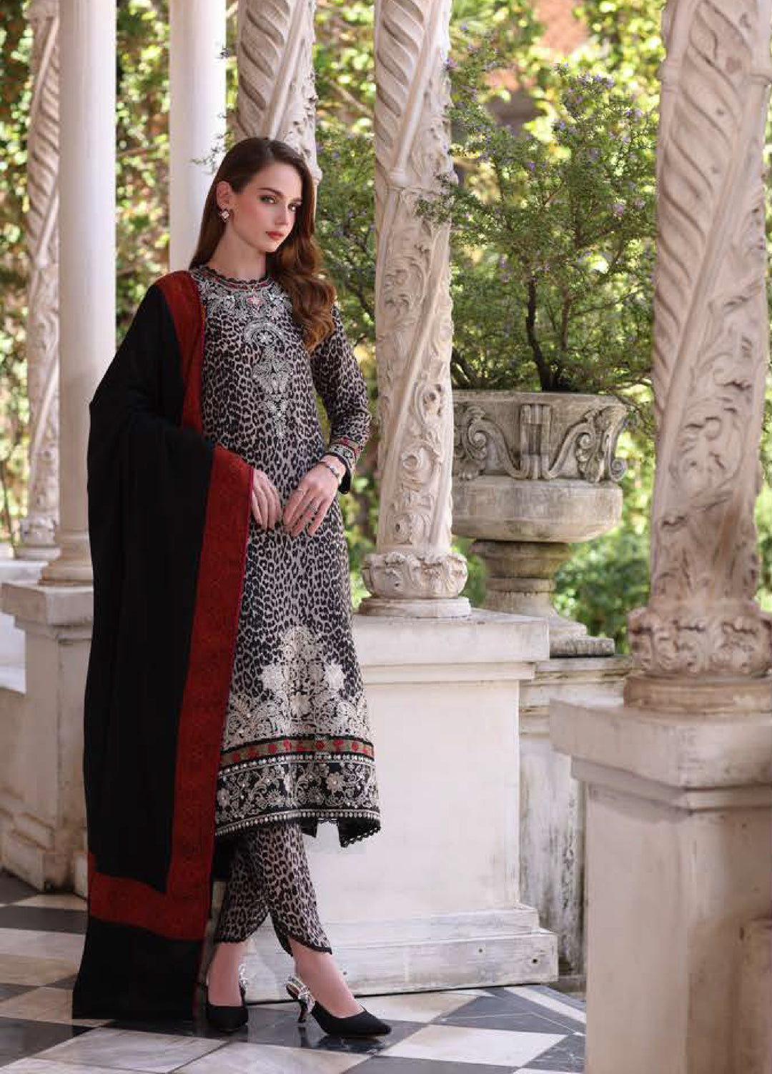 Noor by Saadia Asad Unstitched Khaddar Pashmina Shawl Embroidered Suits 3 Piece NSA25PW D1-Noir Safari - Winter Collection