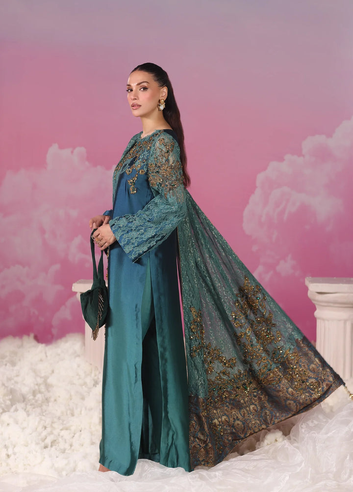 Mount Olypus by Musferah Saad Pret Embroidered Tissue Silk 3 Piece Emerald Oracle - Festive Collection