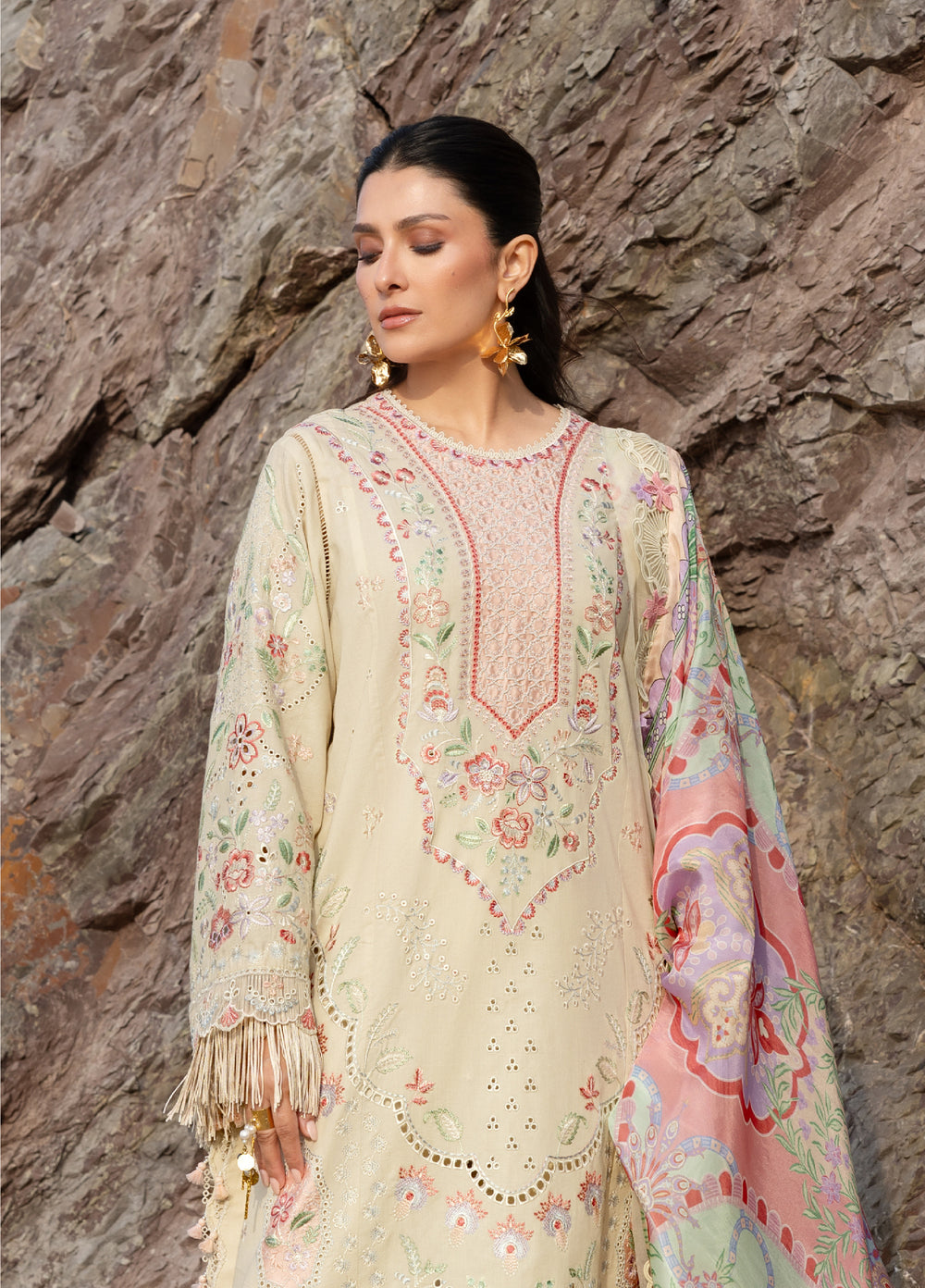 Siraa by Sadaf Fawad Khan Unstitched Embroidered Luxury Lawn 3 Piece Suit SDF26USL Sunehri - Festive Collection