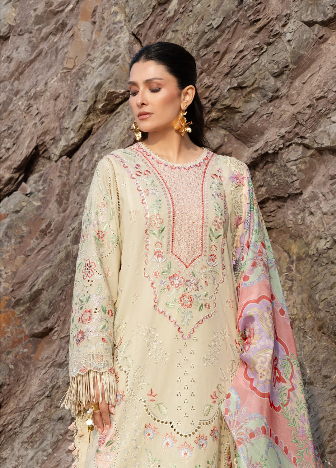 Siraa by Sadaf Fawad Khan Unstitched Embroidered Luxury Lawn 3 Piece Suit SDF26USL Sunehri - Festive Collection