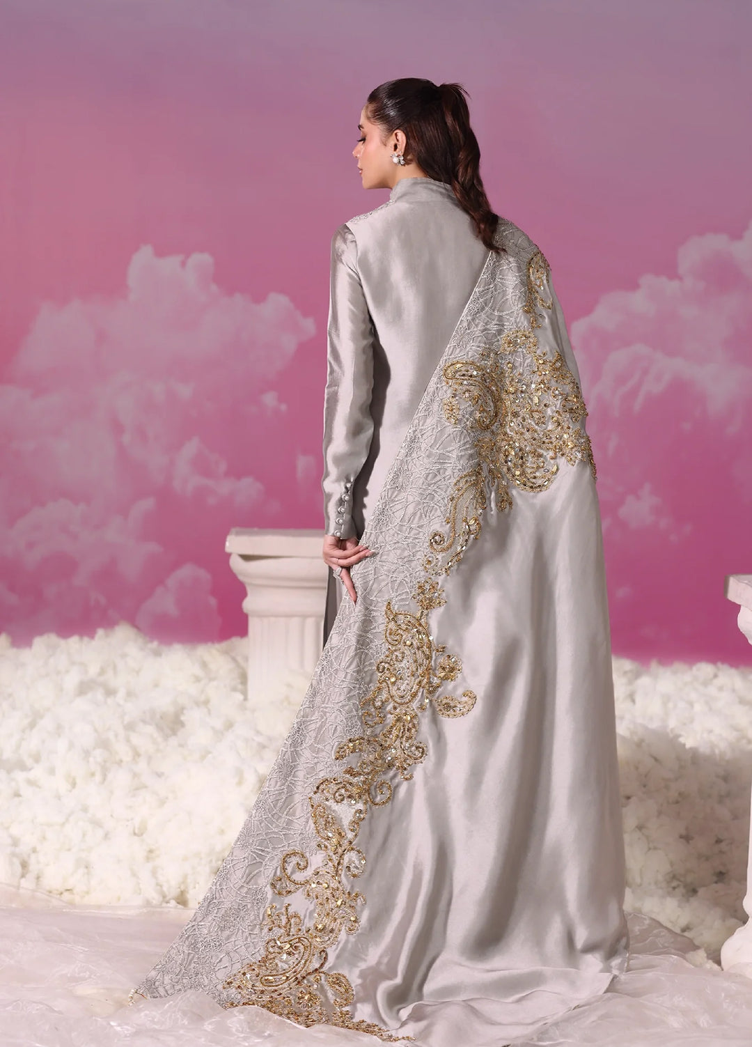 Mount Olypus by Musferah Saad Pret Embroidered Tissue Silk 3 Piece Lunar Mist - Festive Collection