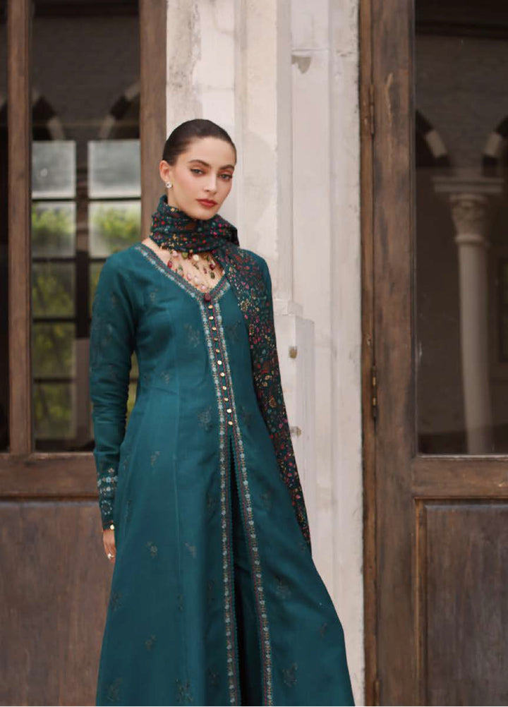 Noor by Saadia Asad Unstitched Khaddar Pashmina Shawl Embroidered Suits 3 Piece NSA25PW D11-Teal Empress - Winter Collection