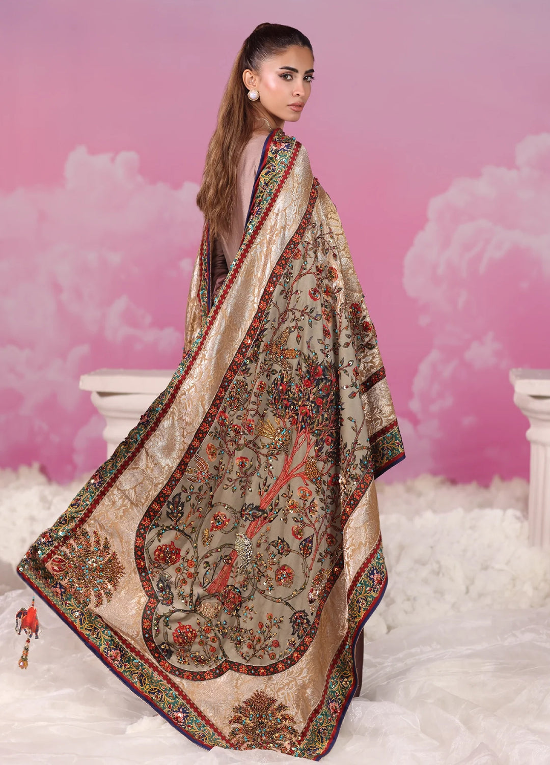 Mount Olypus by Musferah Saad Pret Embroidered Tissue Silk 3 Piece Aurora Rose - Festive Collection