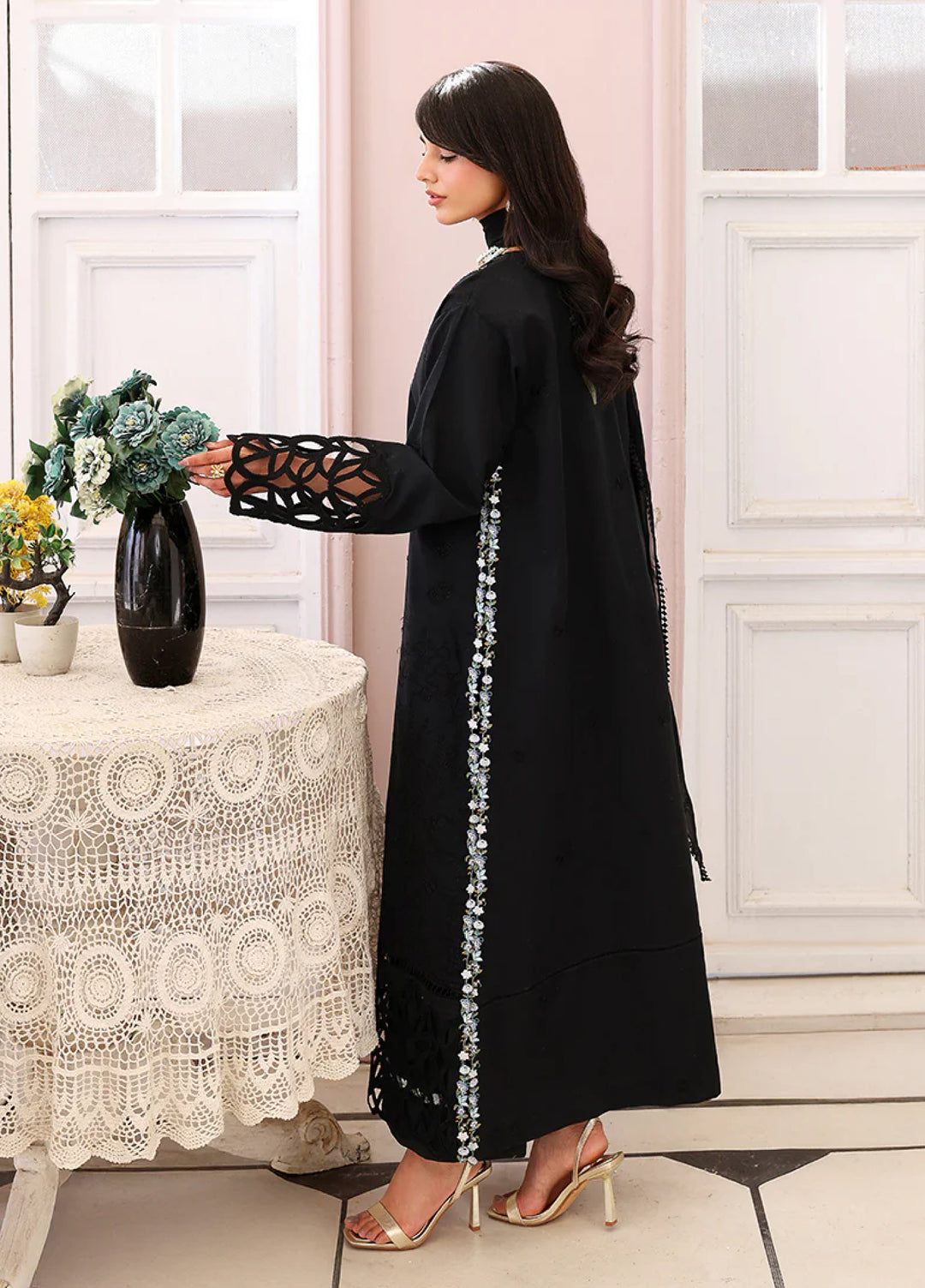 Veil of Summer by Roheenaz Unstitched Embroidered Luxury Lawn 3 Piece Suit RN26UVS 404 BLACK LACE - Eid Collection