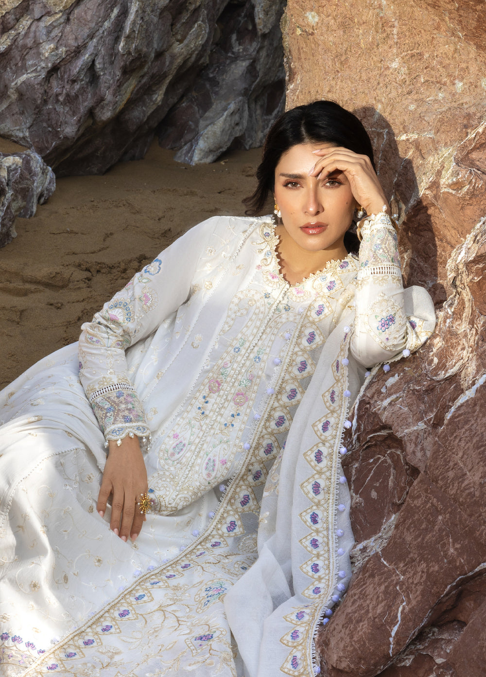 Siraa by Sadaf Fawad Khan Unstitched Embroidered Luxury Lawn 3 Piece Suit SDF26USL Noor - Festive Collection