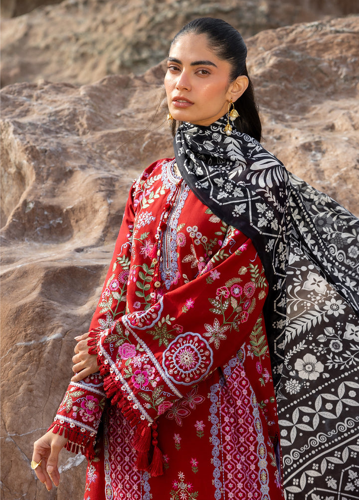 Siraa by Sadaf Fawad Khan Unstitched Embroidered Luxury Lawn 3 Piece Suit SDF26USL Laal - Festive Collection