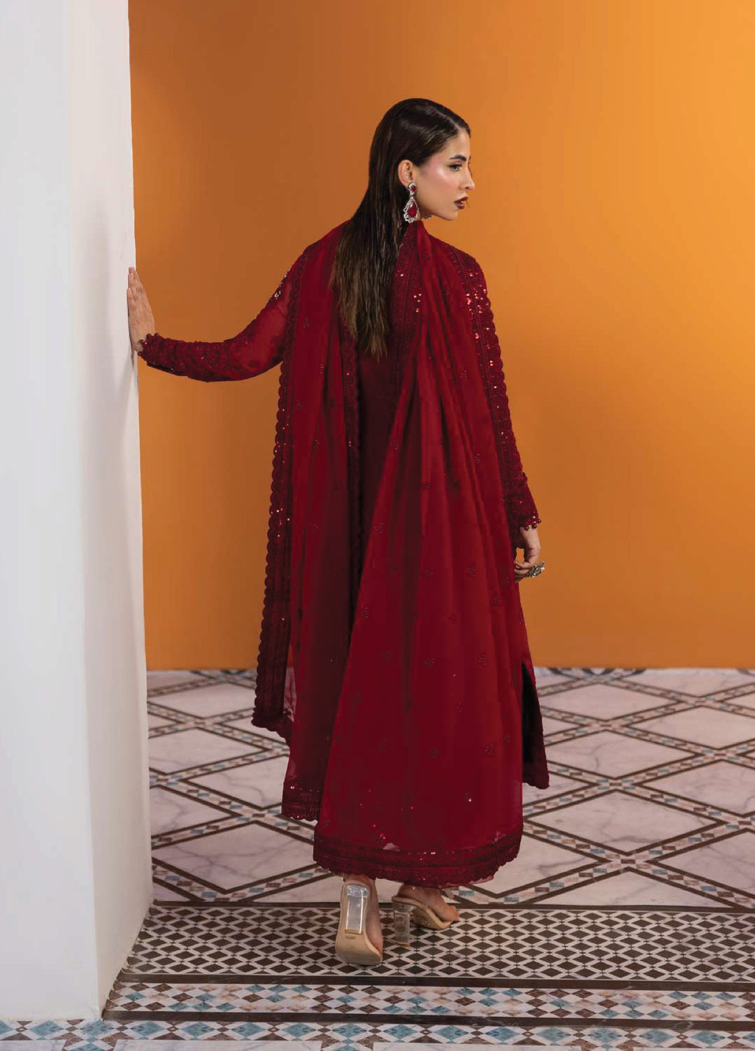 Maeri by Gulaal Unstitched Embroidered Chiffon 4 Piece Suit GL26UMC Crimson D-46 - Festive Collection