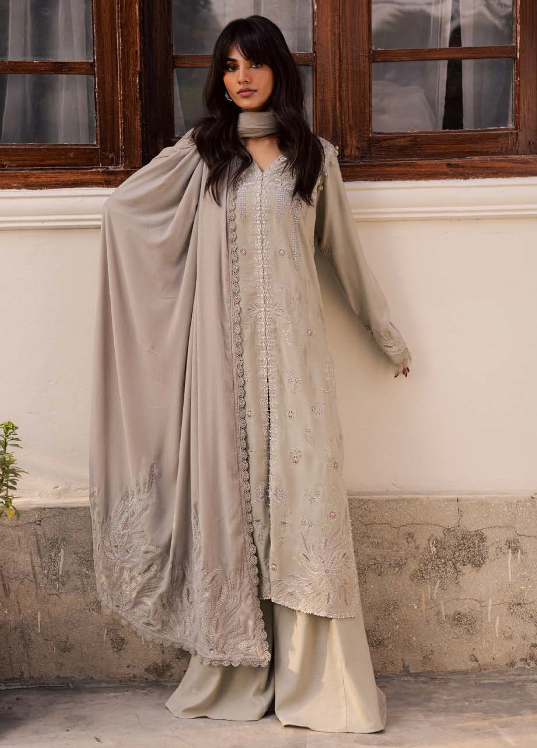 Nureh Exclusive Unstitched Luxury Leather Peach Embroidered Suits 3 Piece NU25EL NE-214 - Winter Collection