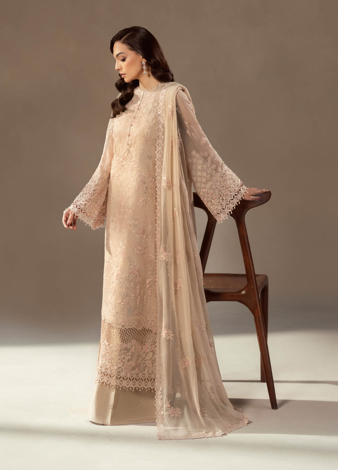 Afsanah by Lavish Premium Unstitched Chiffon Embroidered Suits 3 Piece LV25AC CHAMPAGNE BLOSSOM-02 - Festive Collection