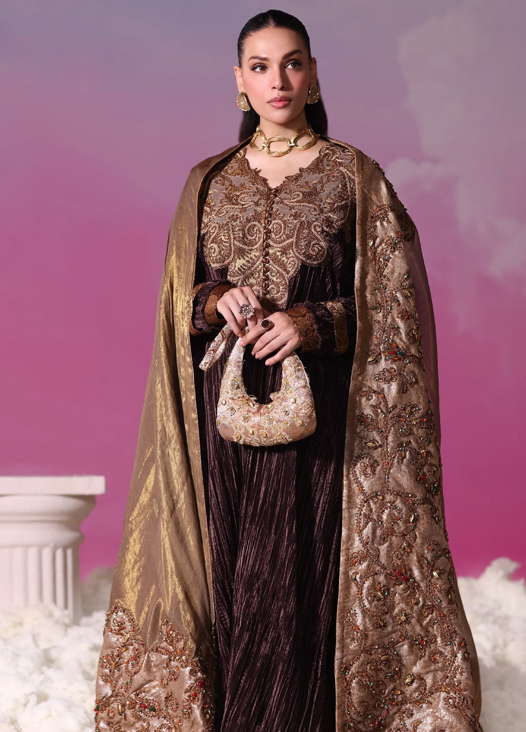 Mount Olypus by Musferah Saad Pret Embroidered Velvet 3 Piece Bronze Legacy - Festive Collection