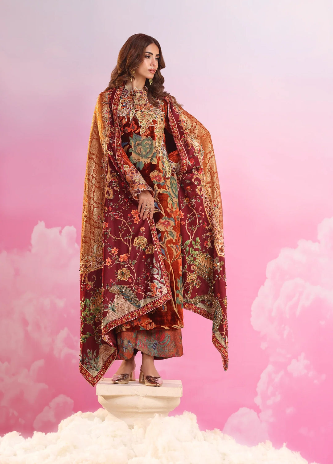 Mount Olypus by Musferah Saad Pret Embroidered Devore 3 Piece Eternal Flame - Festive Collection