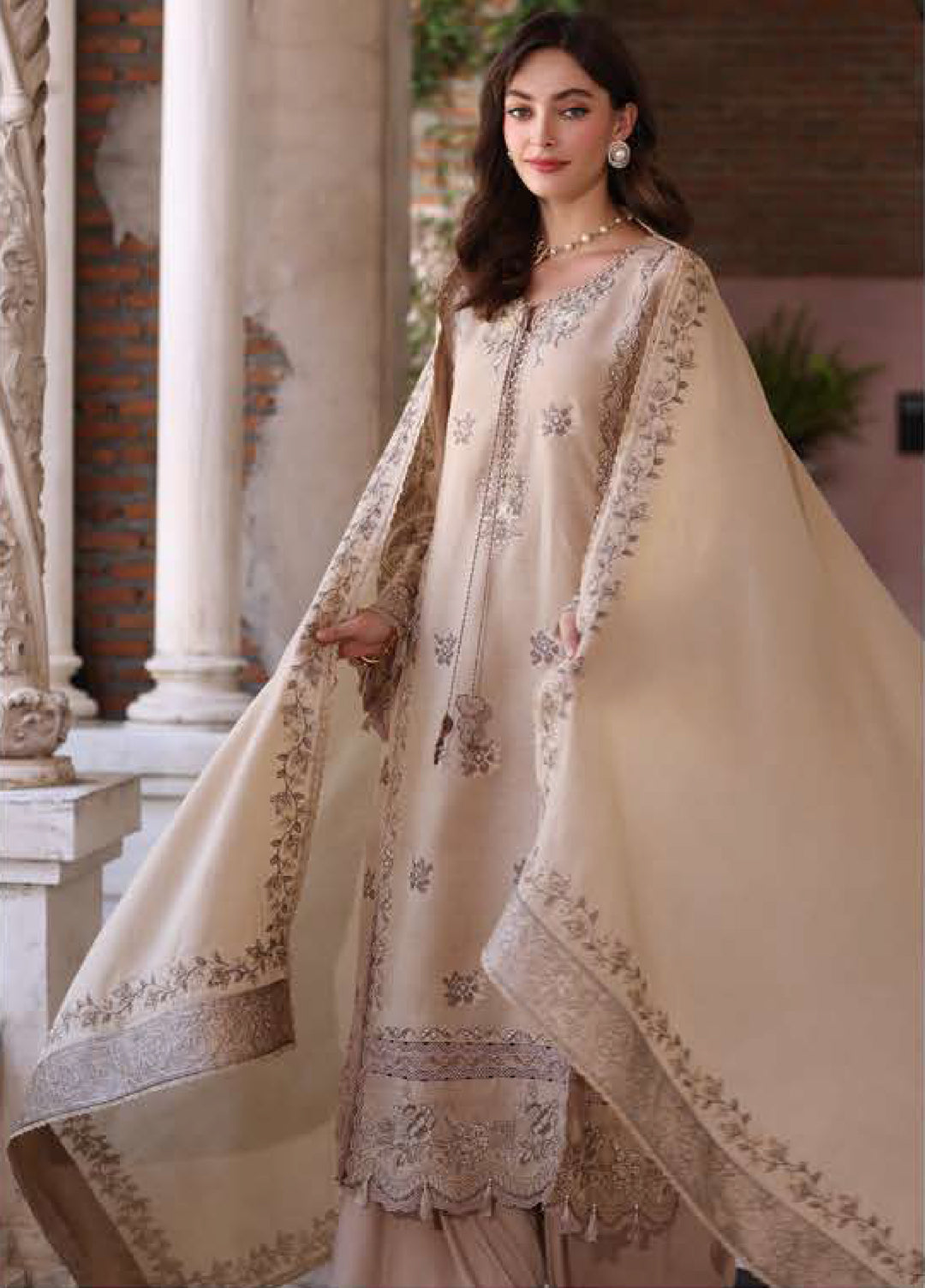 Noor by Saadia Asad Unstitched Linen Pashmina Shawl Embroidered Suits 3 Piece NSA25PW D12-Caramel Mist - Winter Collection