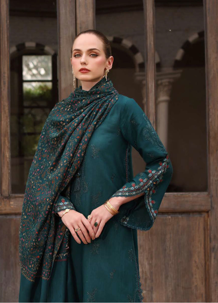 Noor by Saadia Asad Unstitched Khaddar Pashmina Shawl Embroidered Suits 3 Piece NSA25PW D11-Teal Empress - Winter Collection