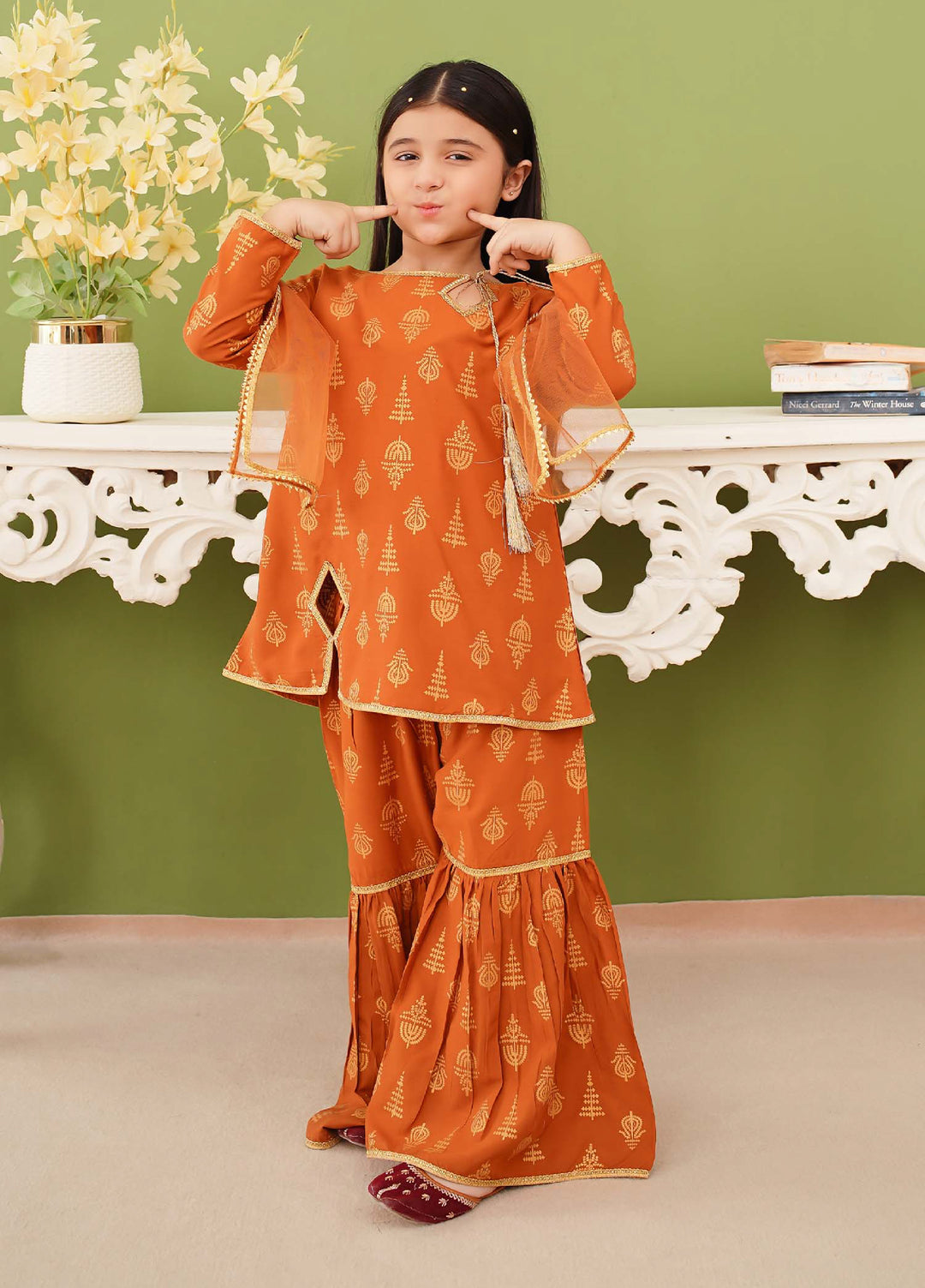 Modest Girls Pret Printed 3 Piece Linen Mustard Gharara D-17 - Festive Collection
