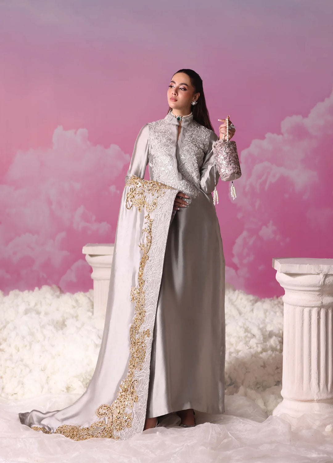 Mount Olypus by Musferah Saad Pret Embroidered Tissue Silk 3 Piece Lunar Mist - Festive Collection