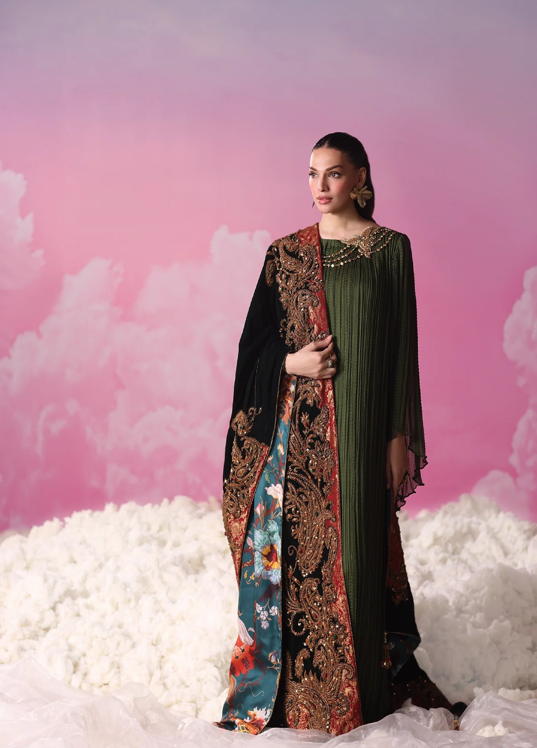 Mount Olypus by Musferah Saad Pret Embroidered Chiffon Kaftaan Emerald Eclat - Festive Collection