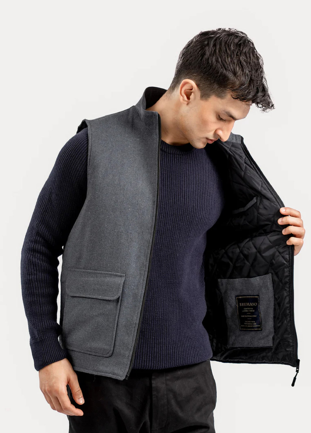 Brumano Ready To Wear Solids Cotton 1 Piece Men Dark Grey Quilted Sleeveless Jacket 0-12-025-4865 - Winter Collection