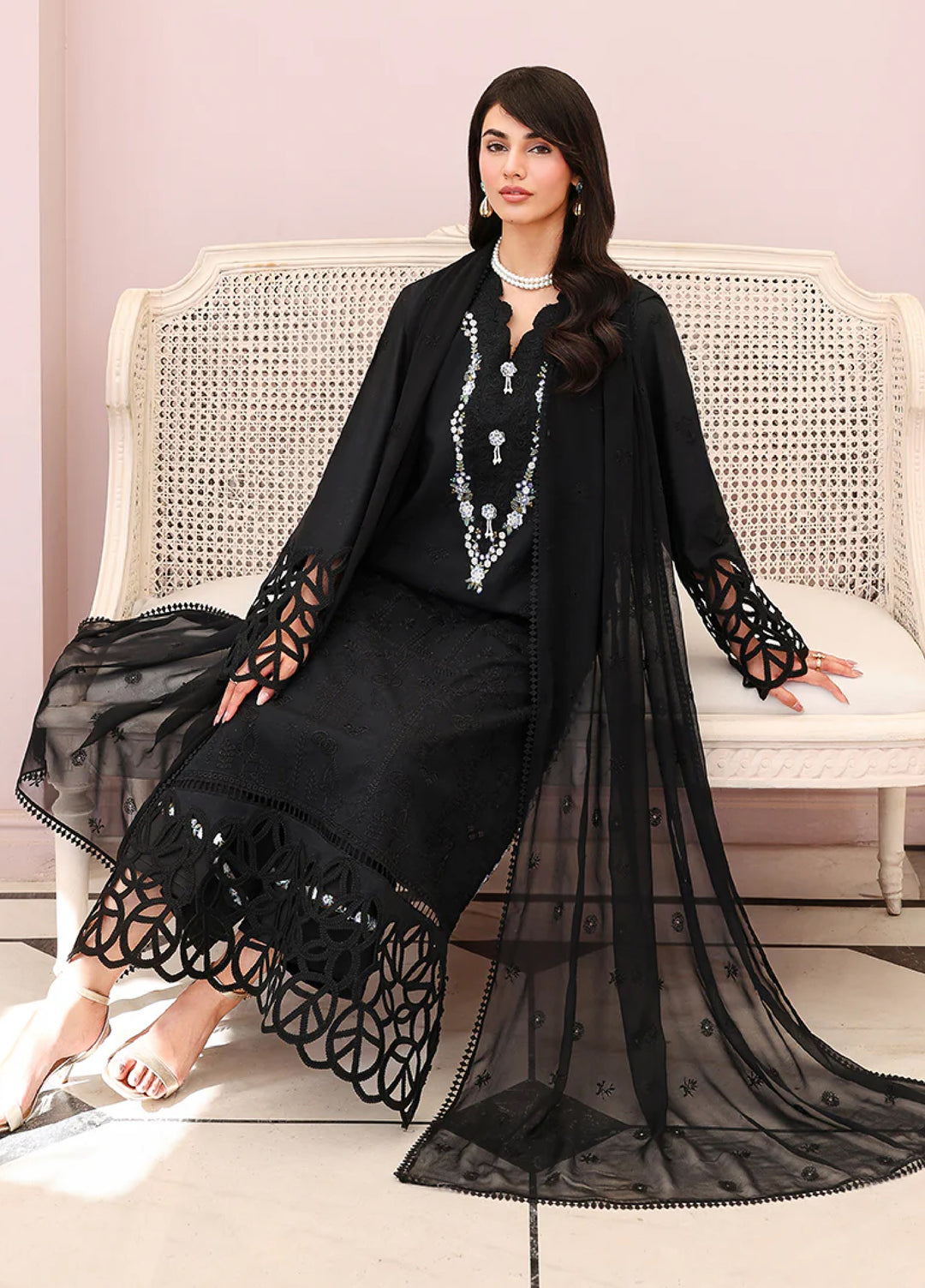 Veil of Summer by Roheenaz Unstitched Embroidered Luxury Lawn 3 Piece Suit RN26UVS 404 BLACK LACE - Eid Collection