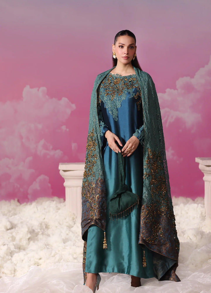 Mount Olypus by Musferah Saad Pret Embroidered Tissue Silk 3 Piece Emerald Oracle - Festive Collection
