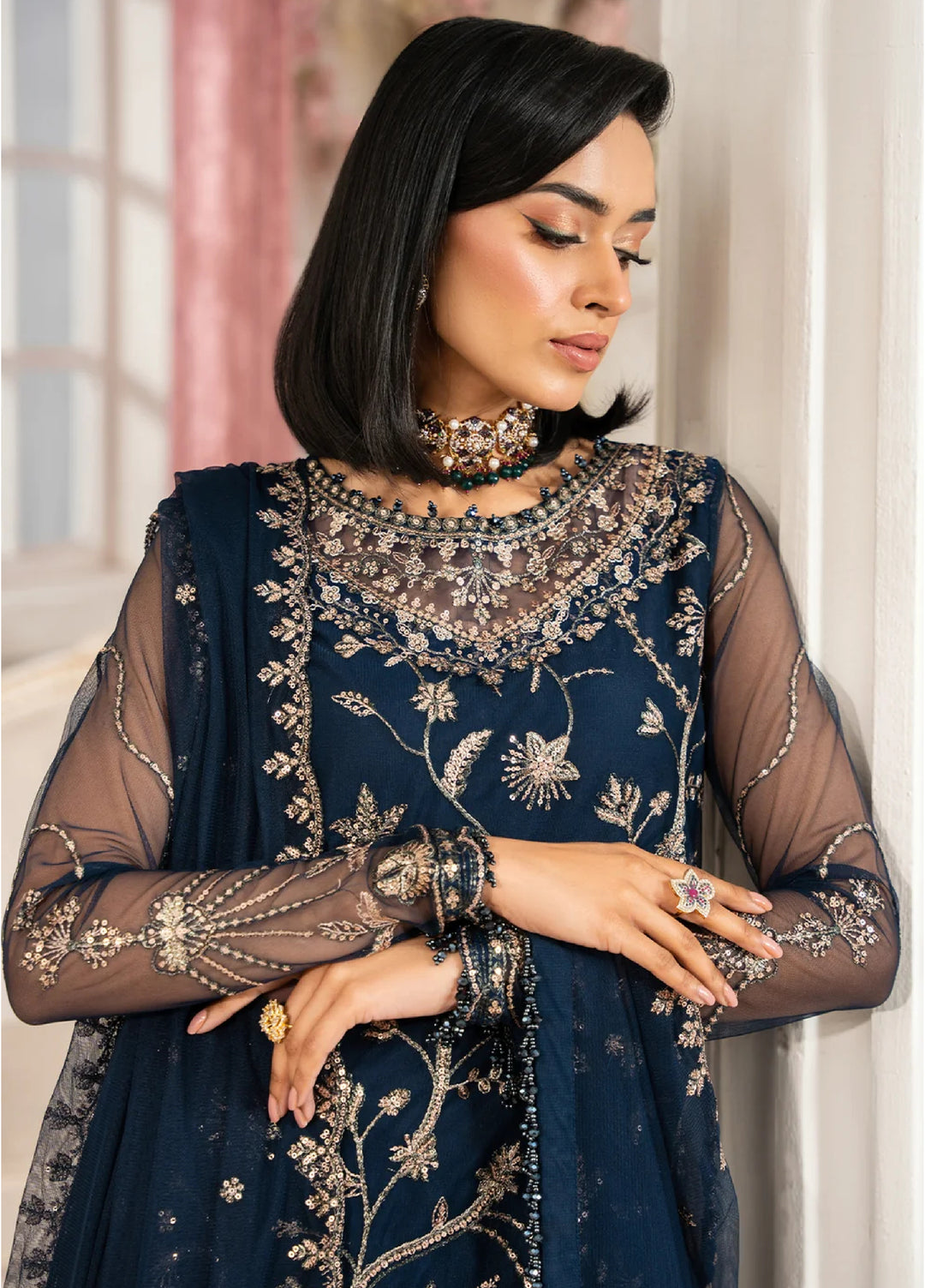 Zarif Unstitched Embroidered Net 3 Piece Suit ZR26UF Nafees ZNAF-02-Selin - Festive Collection