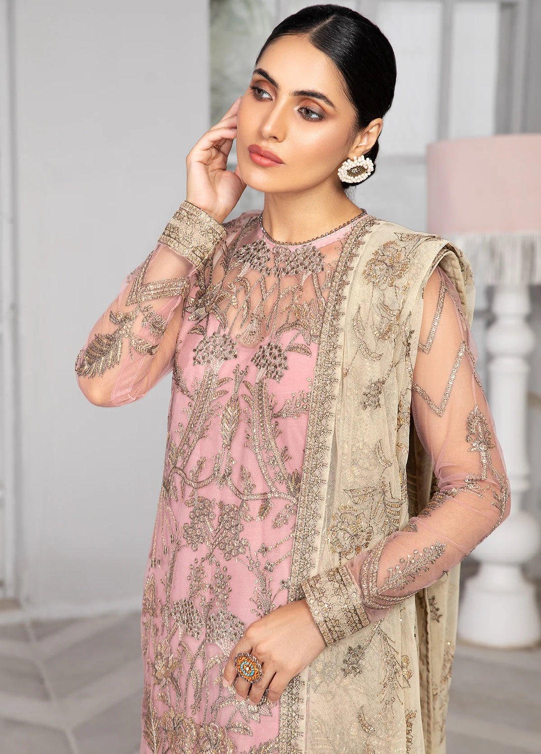 Zarif Unstitched Embroidered Net 3 Piece Suit ZR26UF Bahaar ZB-07-Blush - Festive Collection