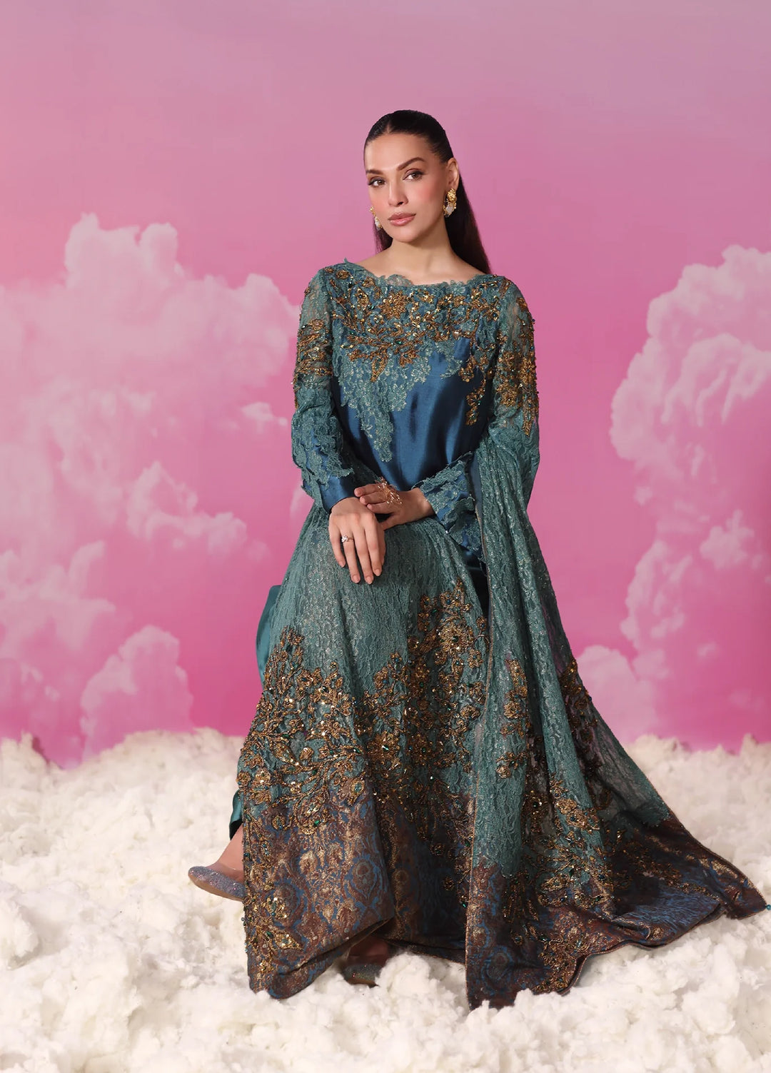 Mount Olypus by Musferah Saad Pret Embroidered Tissue Silk 3 Piece Emerald Oracle - Festive Collection