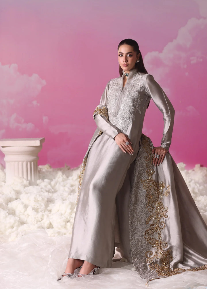 Mount Olypus by Musferah Saad Pret Embroidered Tissue Silk 3 Piece Lunar Mist - Festive Collection