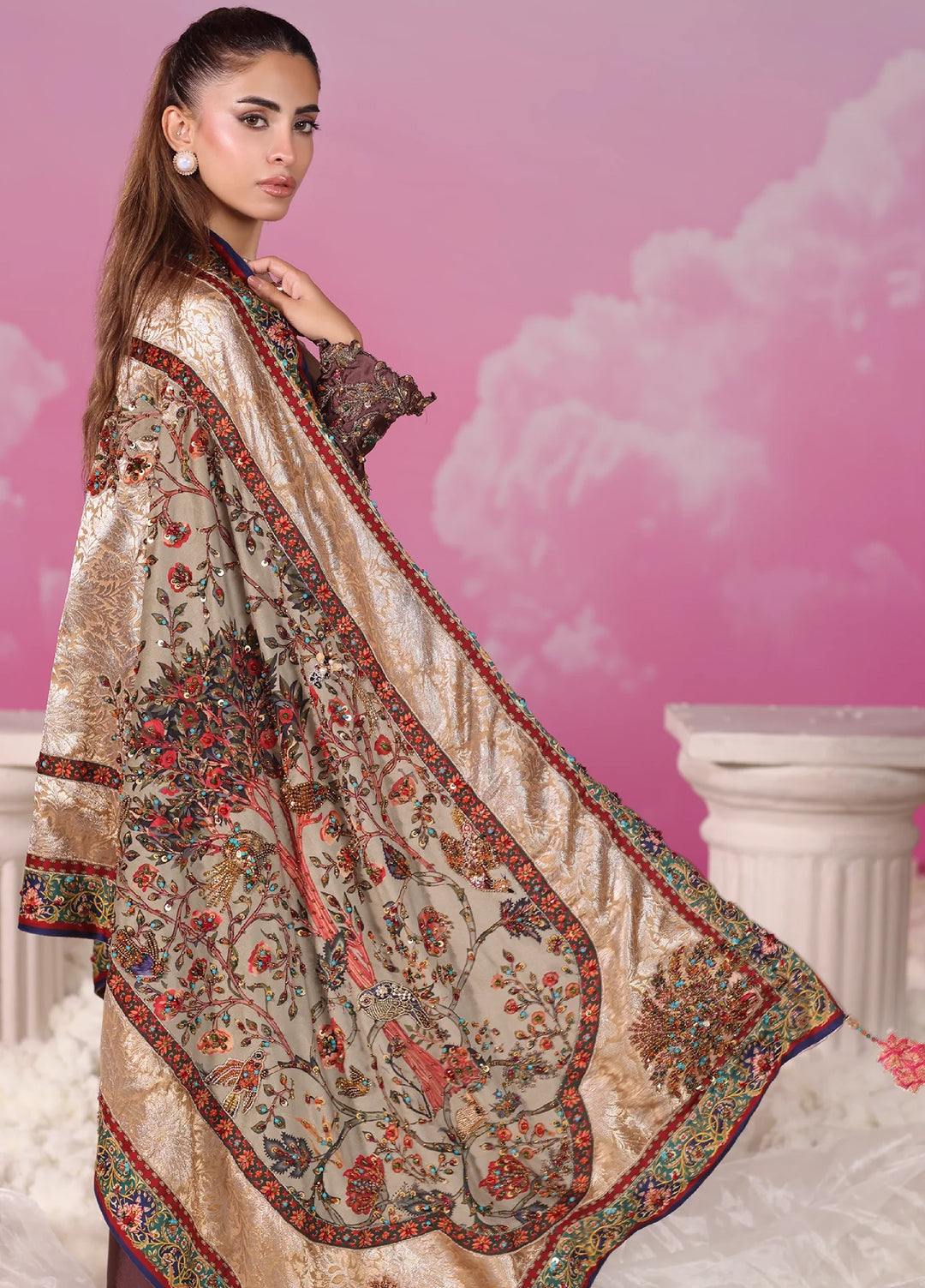 Mount Olypus by Musferah Saad Pret Embroidered Tissue Silk 3 Piece Aurora Rose - Festive Collection