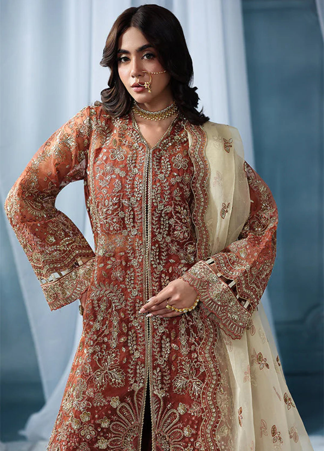 Zynoria by Saffron Unstitched Organza Embroidered Suits 3 Piece SFR25Z Burnt Topaz - Festive Collection