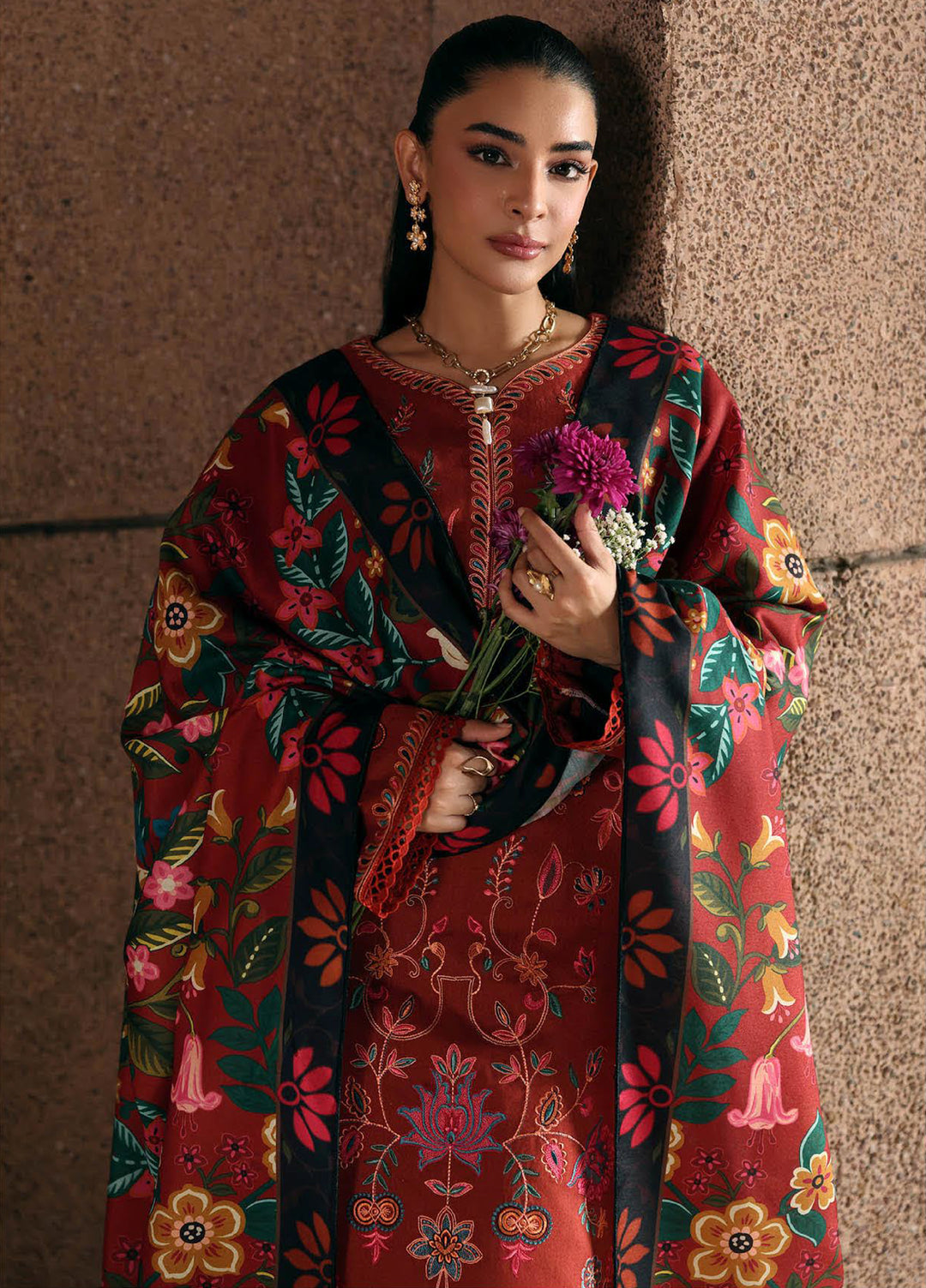 Rajbari Premium Unstitched Peach Winter Shawl Exclusive Embroidered Suits 3 Piece RB25PW D-10 - Winter Collection