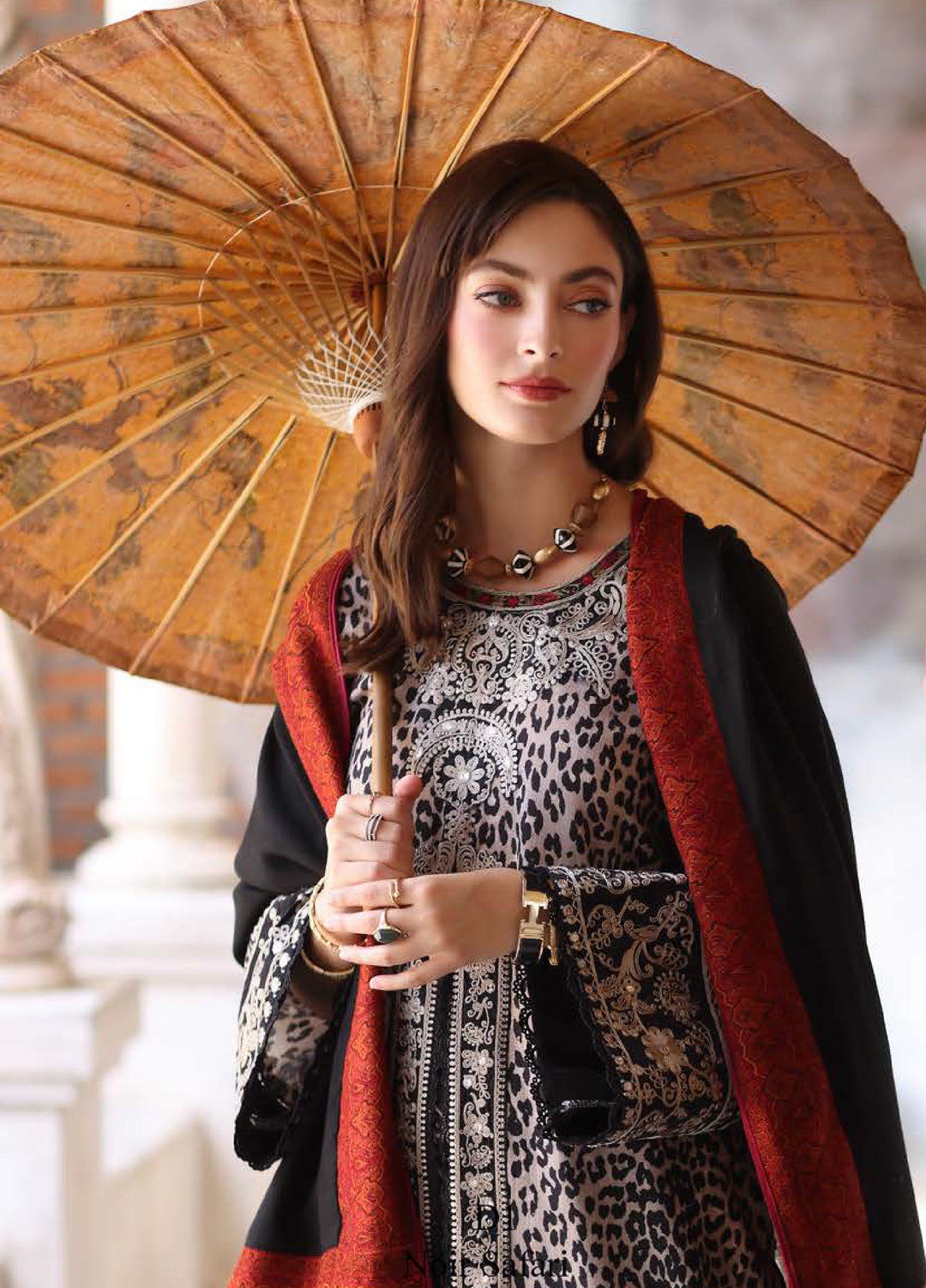 Noor by Saadia Asad Unstitched Khaddar Pashmina Shawl Embroidered Suits 3 Piece NSA25PW D1-Noir Safari - Winter Collection