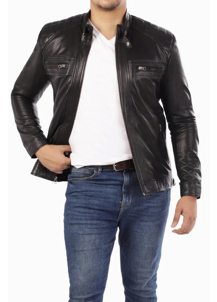 Men's Casual Signature Diamond Lambskin Leather Jacket-Black