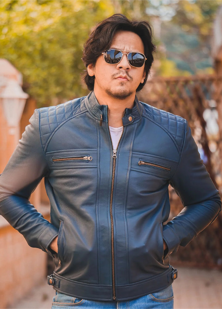 Men's Casual Signature Diamond Lambskin Leather Jacket-Blue
