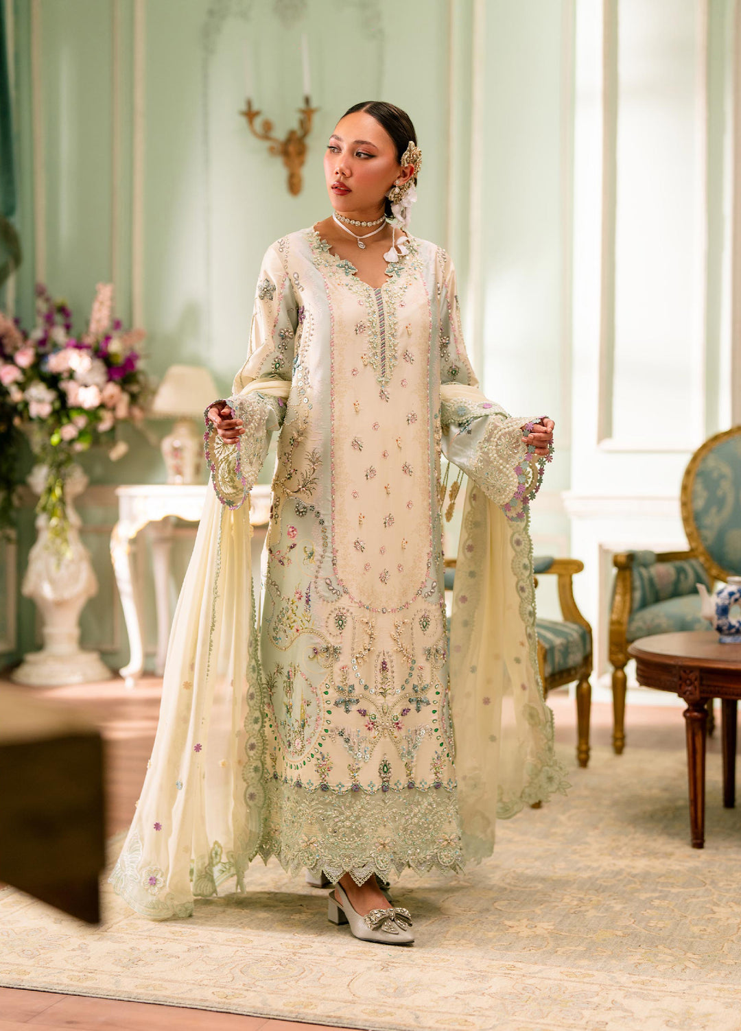 Luxe by Qalamkar Unstitched Embroidered Charmeuse Silk 3 Piece Suit QLK26UL Azure QSL-01 - Festive Collection