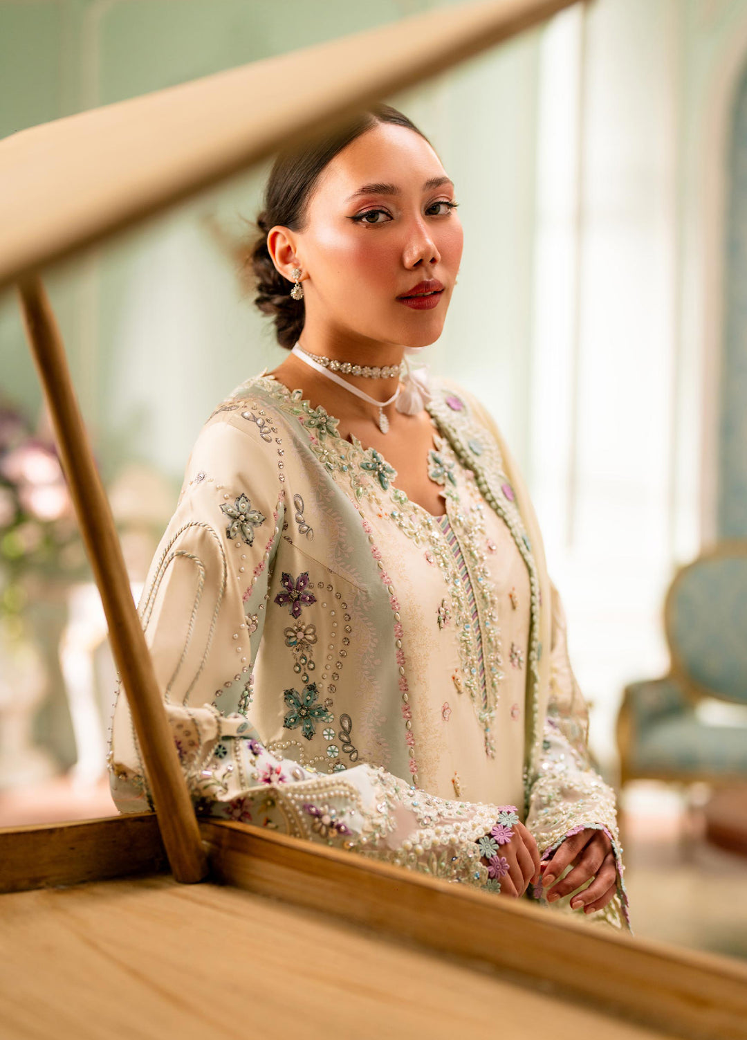 Luxe by Qalamkar Unstitched Embroidered Charmeuse Silk 3 Piece Suit QLK26UL Azure QSL-01 - Festive Collection