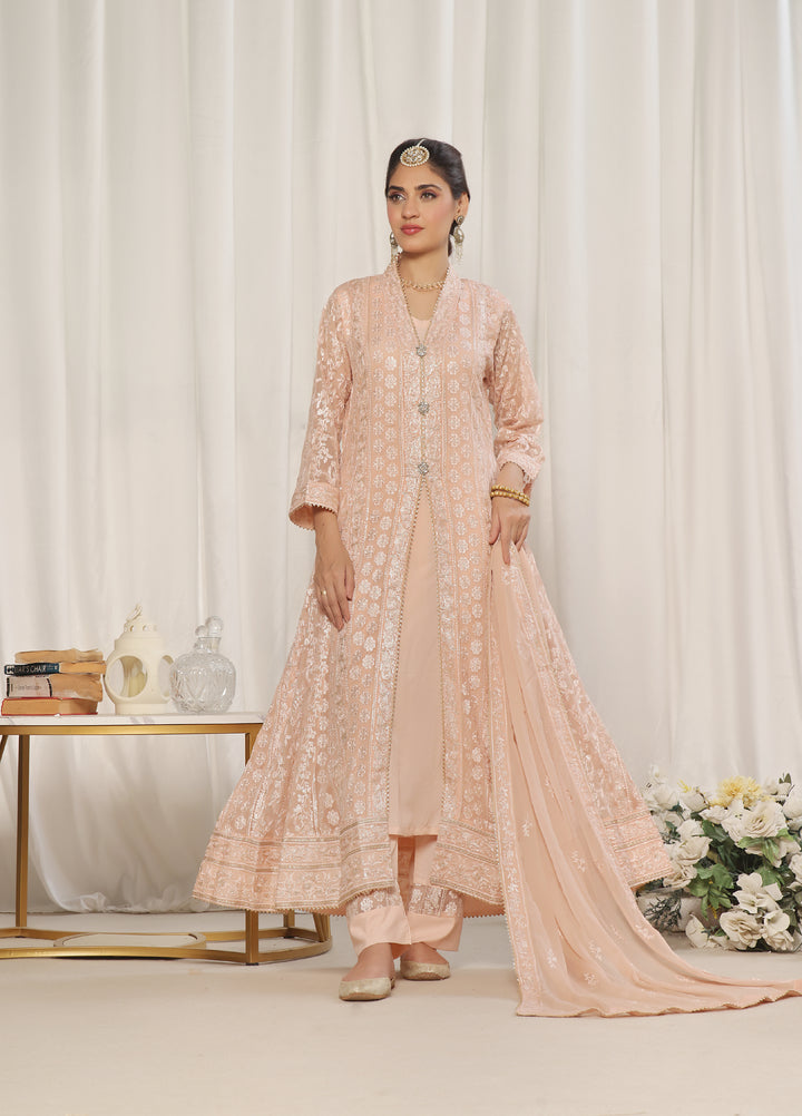 Rasm e Henna by Al Siyaab RTW Embroidered Chiffon 3 Piece Suit Noor e Nazakat Peach - Festive Collection