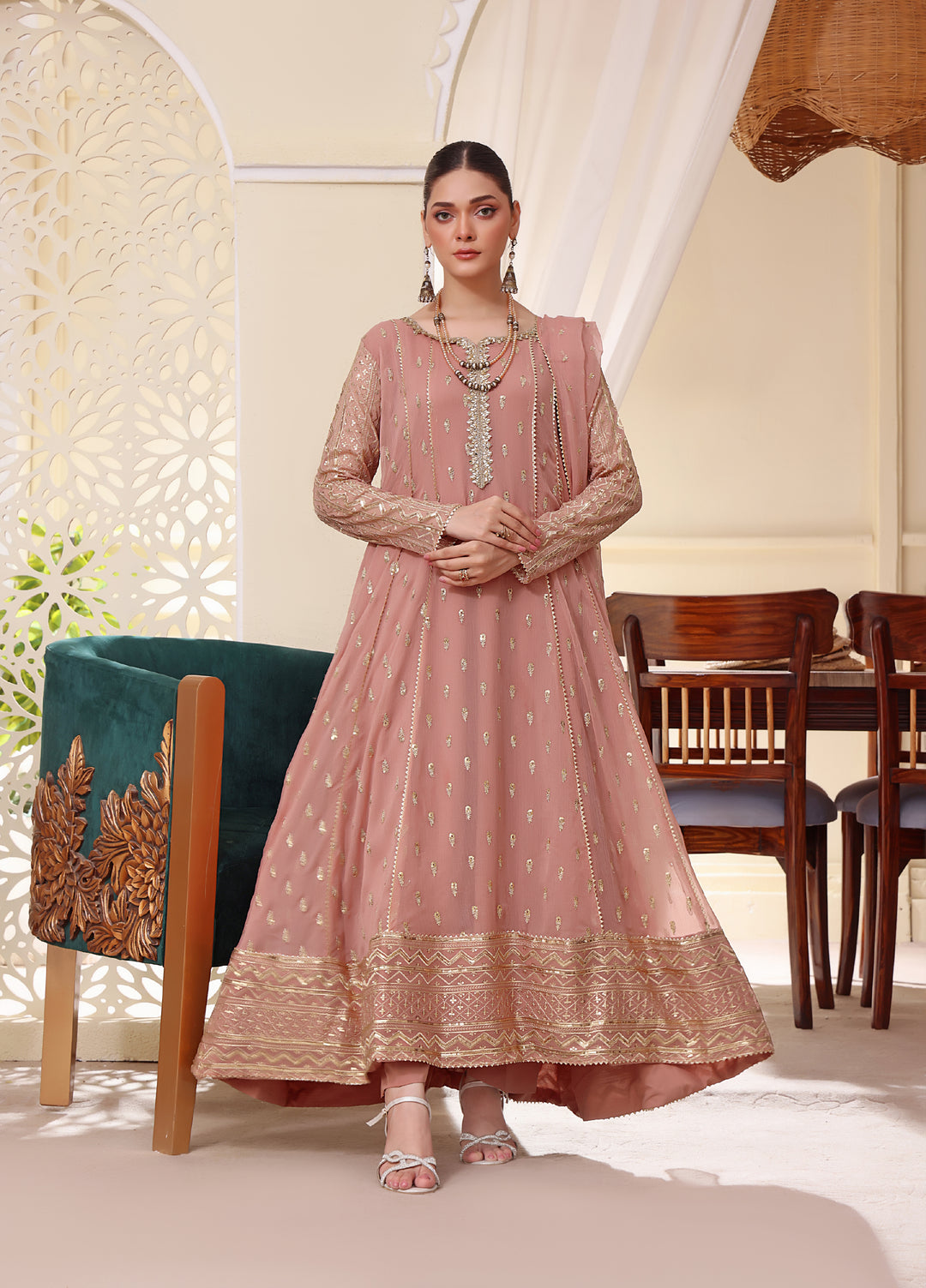 Rasm e Henna by Al Siyaab RTW Embroidered Chiffon 3 Piece Suit Bahaar Tea Pink - Festive Collection