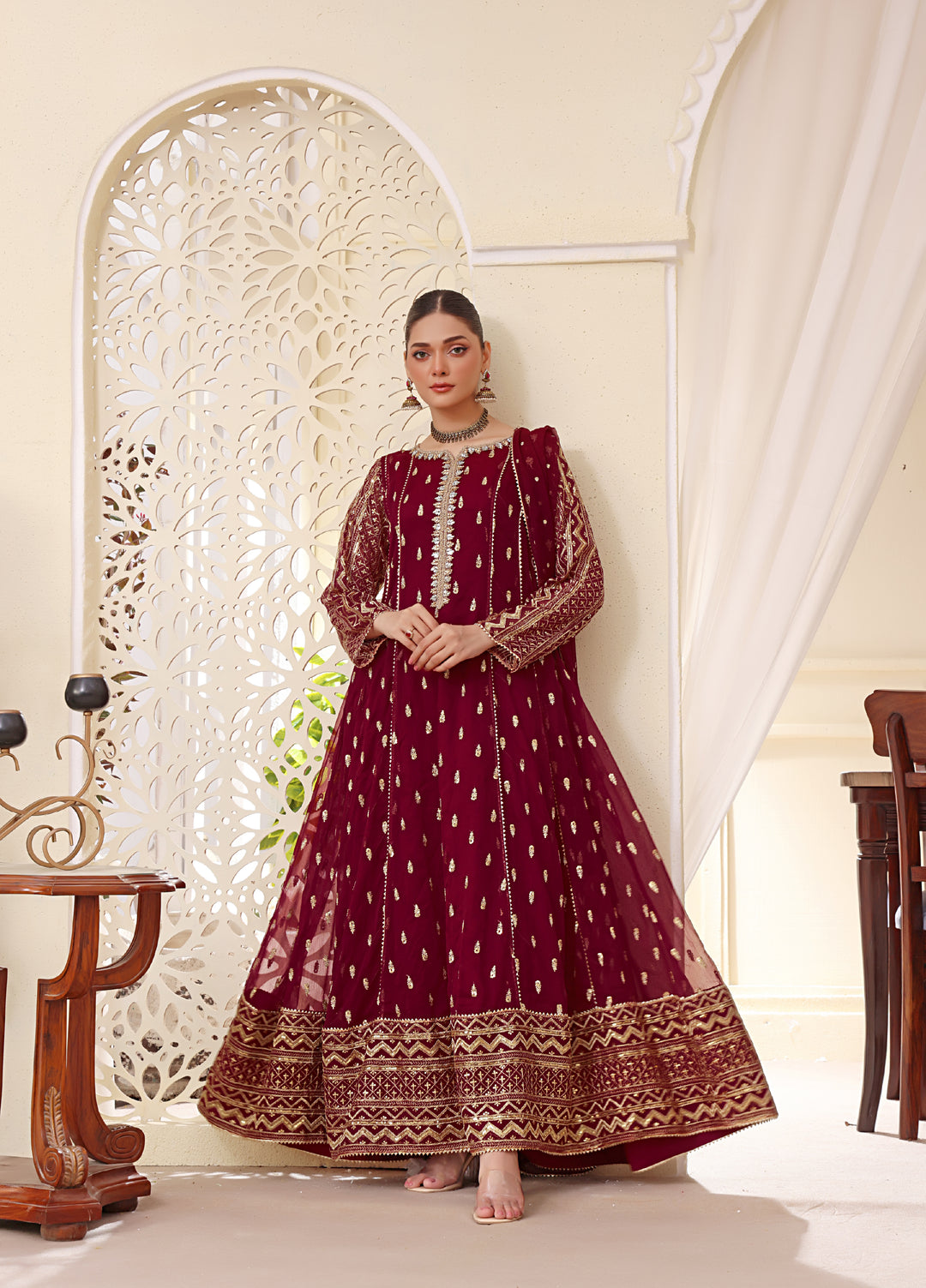 Rasm e Henna by Al Siyaab RTW Embroidered Chiffon 3 Piece Suit Bahaar Mehroon - Festive Collection
