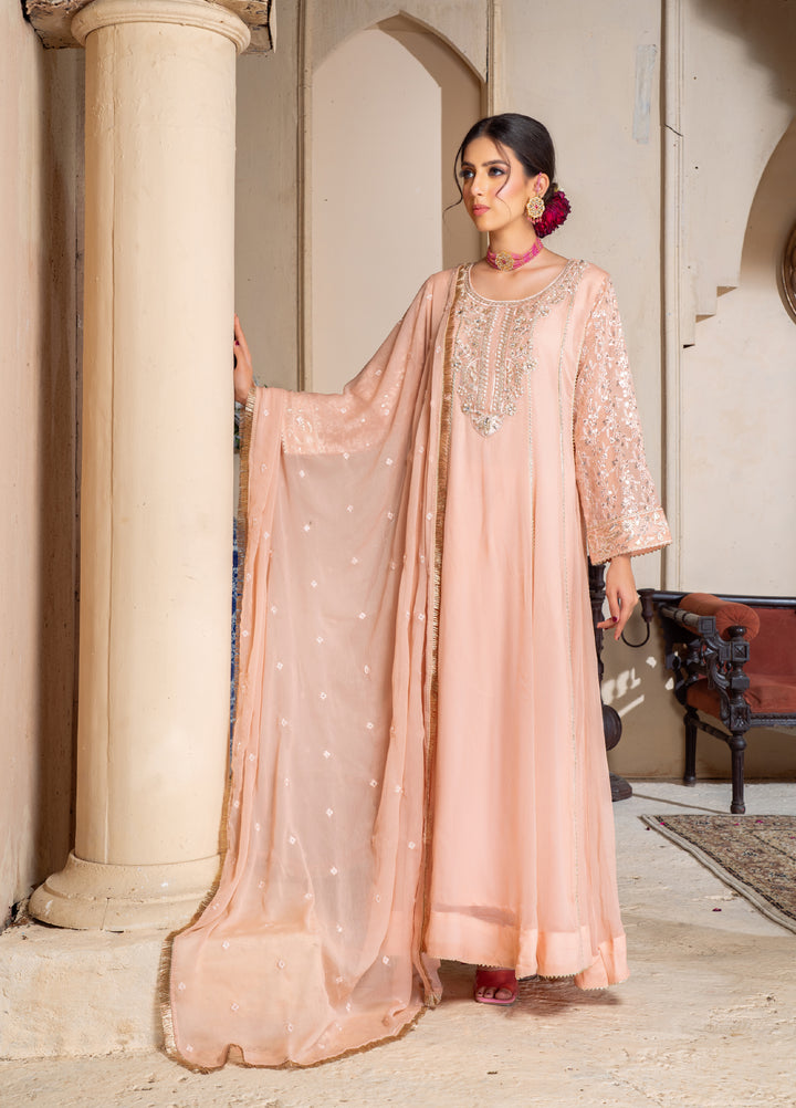 Rasm e Henna by Al Siyaab RTW Embroidered Chiffon 3 Piece Suit Raani Peach - Festive Collection