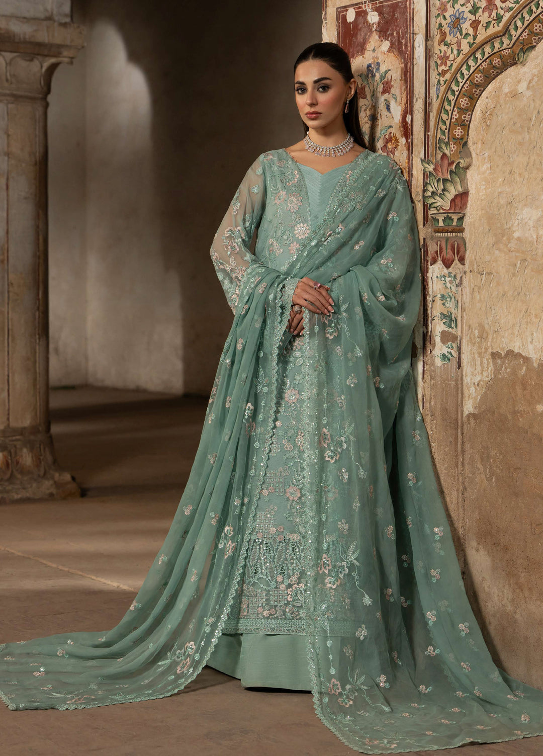 Humsafer by Lavish Premium Unstitched Embroidered Chiffon 3 Pcs Suit LVP26UH H-09 Light Aqua - Festive